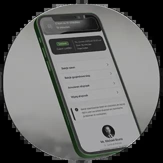 Mobiele telefoon met scherm waarop acties, taken en wie waarmee bezig is zichtbaar zijn voor volledige controle over de juridische zaak