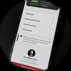 Mobiel scherm van The Law Firm app met check-in overzicht, inclusief documenten en details voorafgaand aan de afspraak.