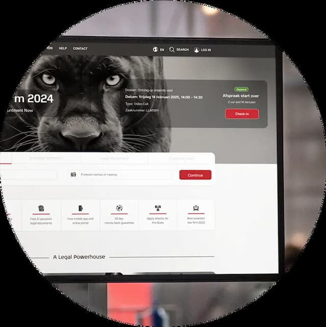 Homescherm van The Law Firm app met hero banner die aankomende juridische afspraak en cliëntinformatie toont.