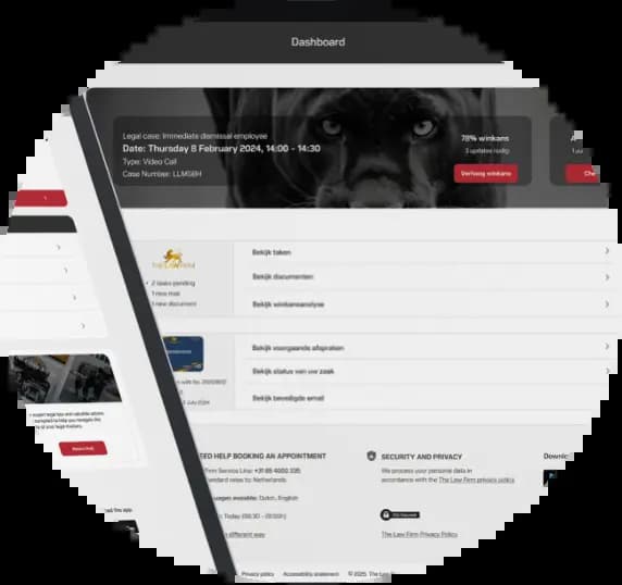 Persoonlijk dashboard van The Law Firm met geïntegreerde AI-assistent voor juridisch advies en dossierbeheer