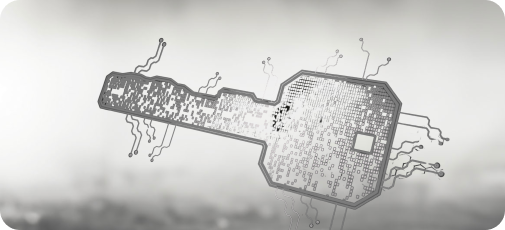 Digitale sleutel met circuitpatroon als symbool voor beveiligde toegang en gegevensbescherming bij The Law Firm