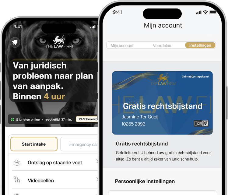 Twee telefoonschermen met een gratis lidmaatschapspas en een interviewsectie van The Law Firm
