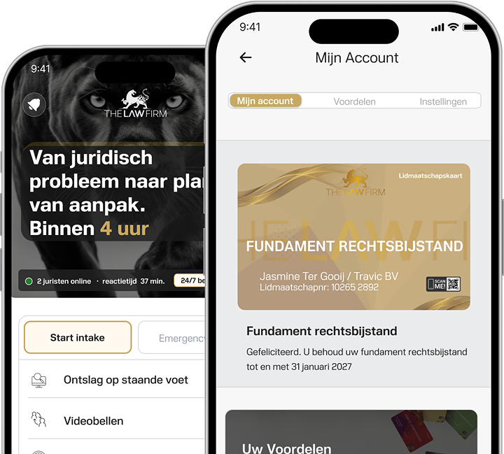 Twee telefoonschermen met een document met gemarkeerde fouten en het bijbehorende analyserapport van The Law Firm