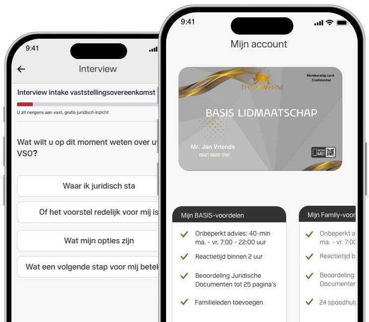 Twee telefoonschermen met een VSO-document met gemarkeerde fouten en het bijbehorende analyserapport van The Law Firm