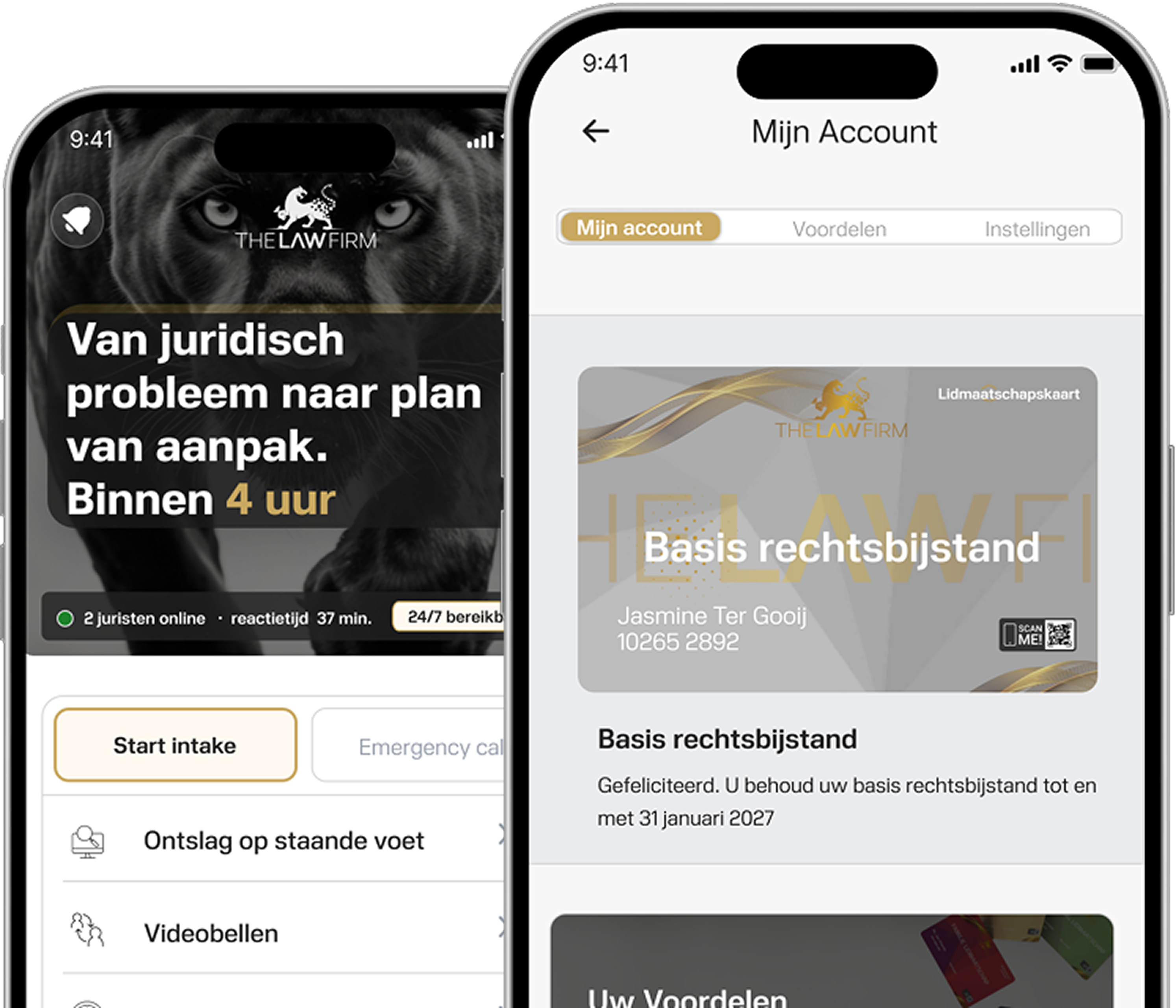 Twee telefoonschermen met Basis Rechtsbijstand in de app van The Law Firm